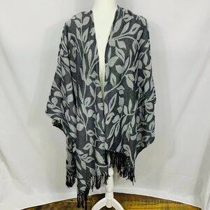 Noelle Shawl Womens Wrap Gray Open Front Poncho Black Fringe Bottom Long line